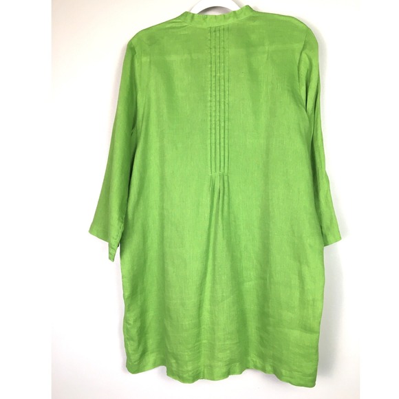 J. Jill Lime Green 100% Linen Pintuck Lace Trim Split Neck Tunic Top XL - Picture 2 of 6
